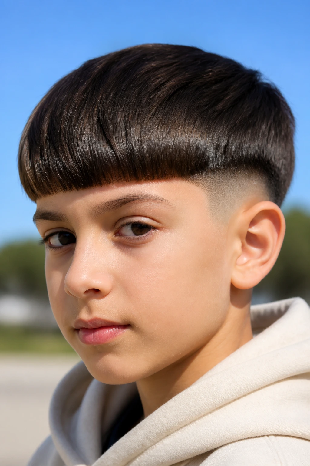 Close-up of a child with an undercut bowl hairstyle in a sunny outdoor setting