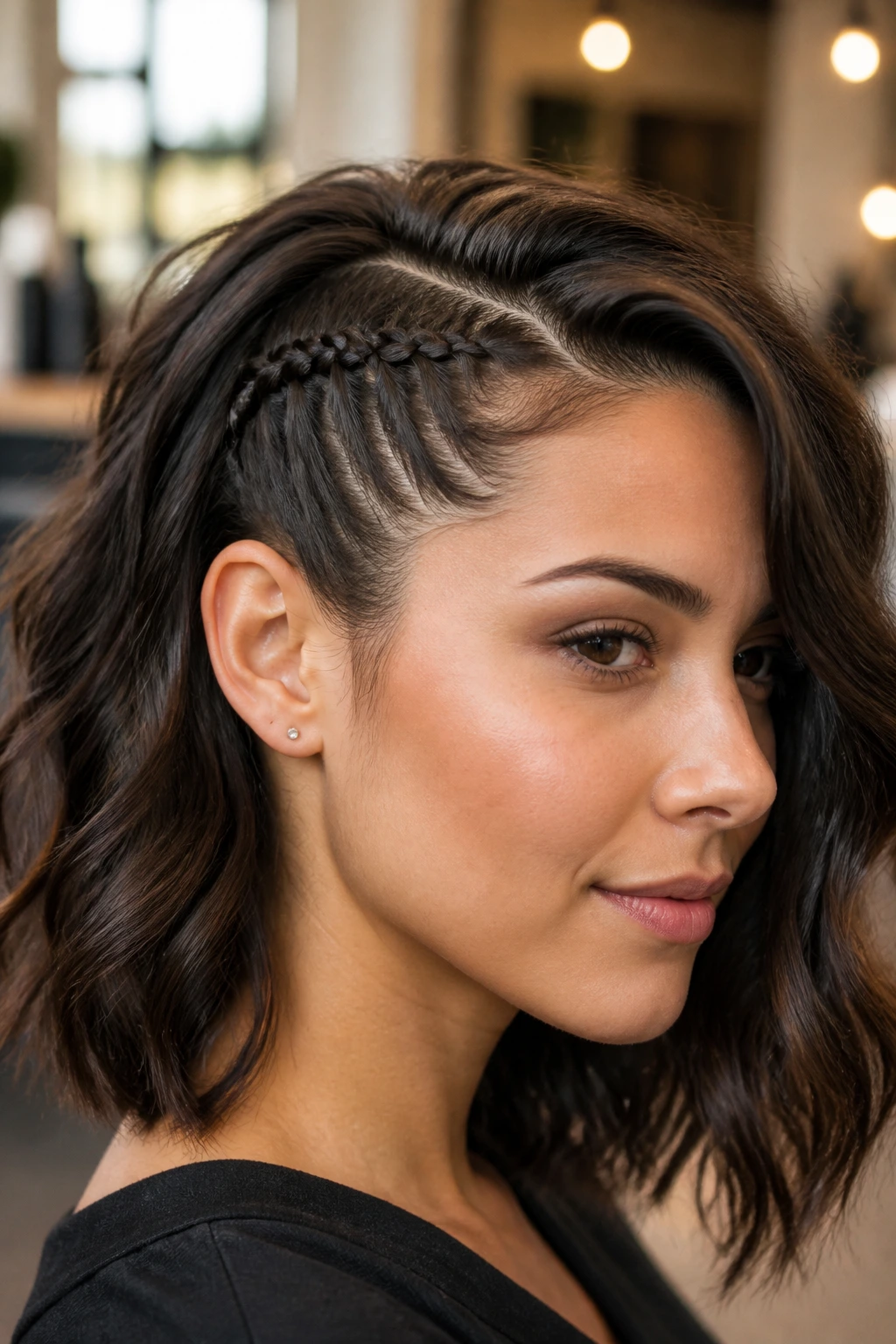 Close-up of a real woman with a tiny Dutch braid along the temple and loose waves