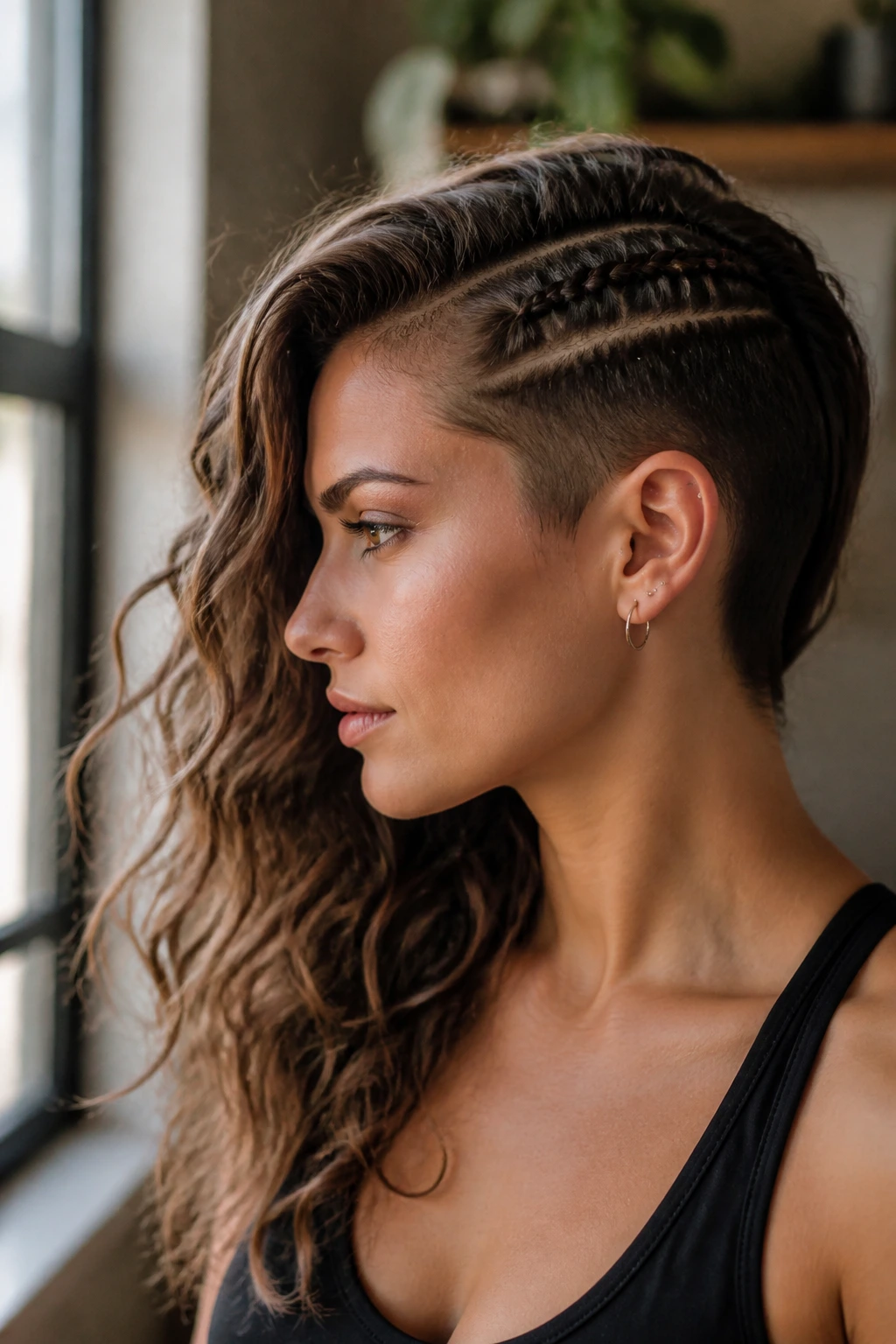 Close-up portrait of a person with an undercut braid and flowing waves