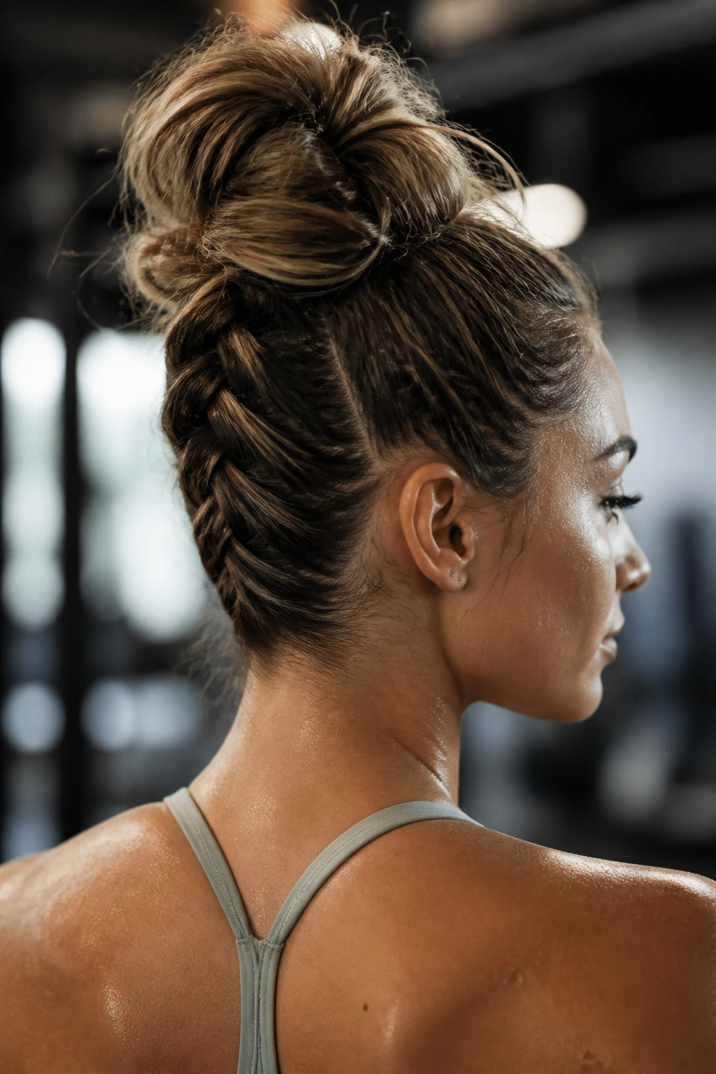 Close-up of a real woman with an undercut braid pulled into a high messy bun