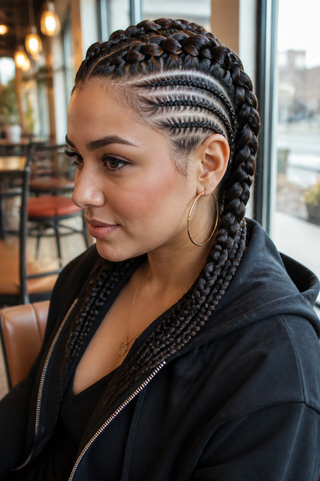 Close-up of a real woman's head showing natural-look undercut with side cornrows and top braids
