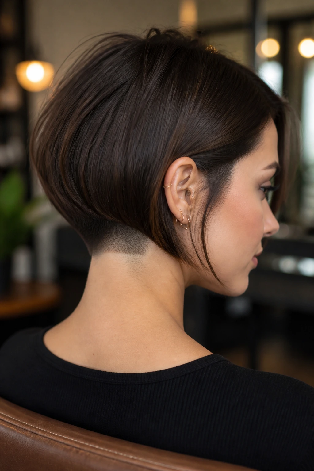 Profile portrait of a real woman with an undercut at the nape of her brunette bob