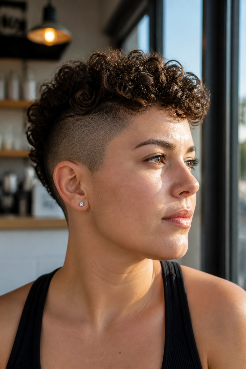 Close-up of a real person with undercut buzz and curly dense top
