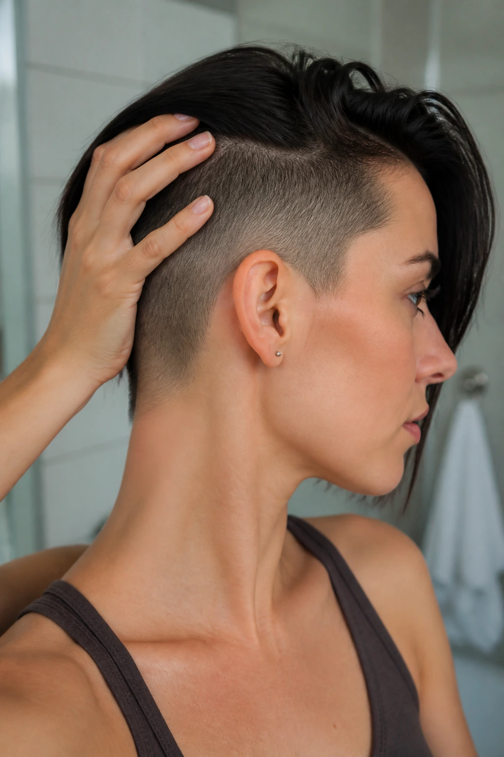 Close-up of scalp undercut with gentle care gesture in bathroom