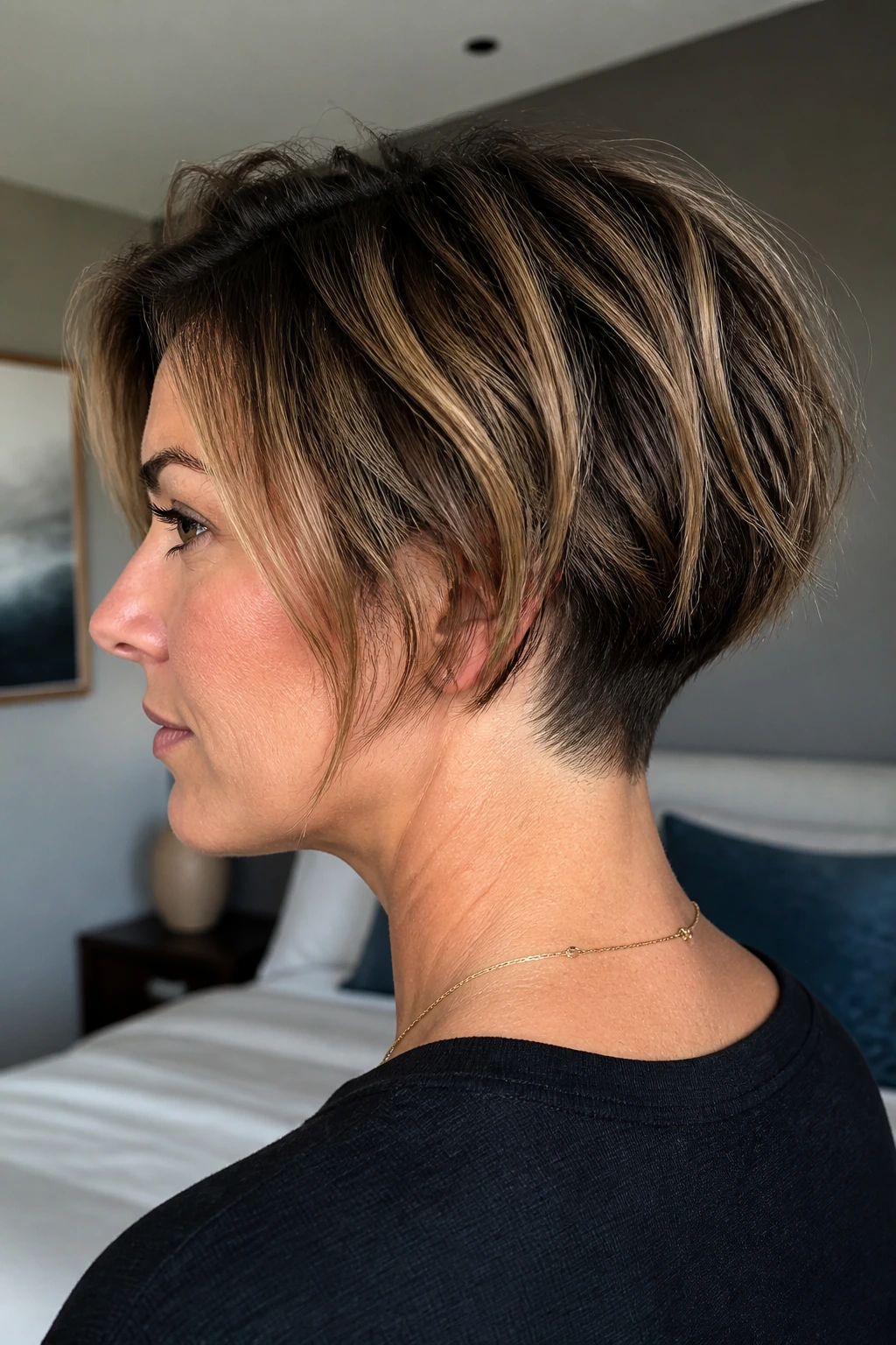 Close-up portrait of a real woman with an undercut choppy bob.
