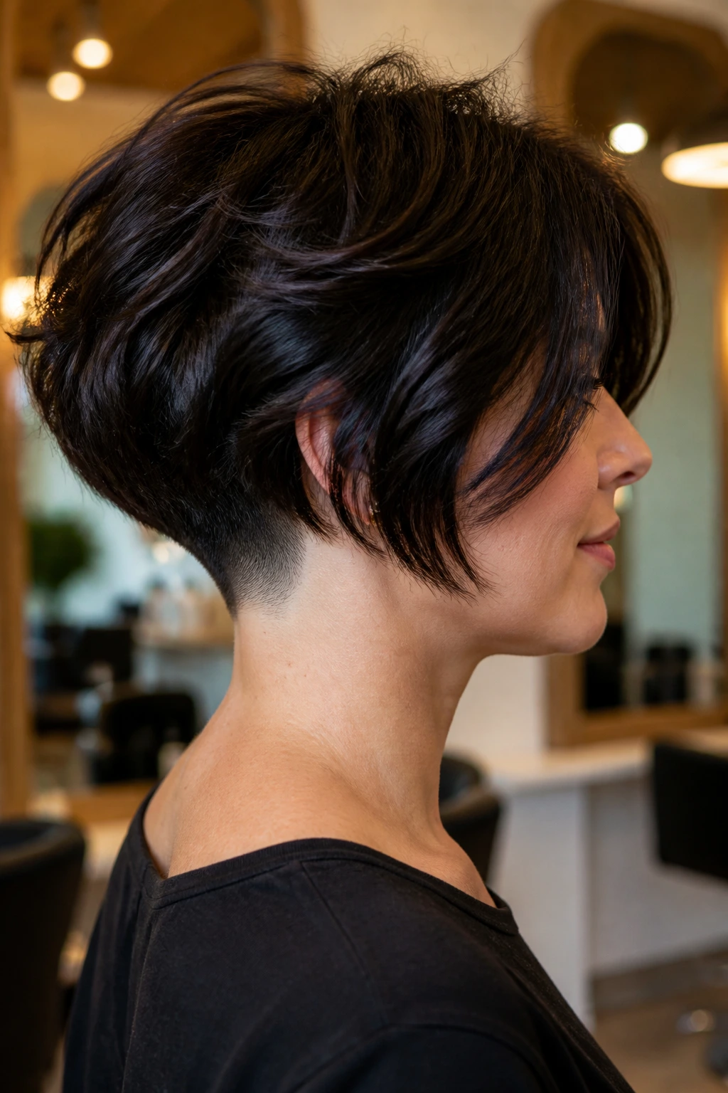 Profile view of a real woman with undercut choppy bob and curtain bangs in a salon