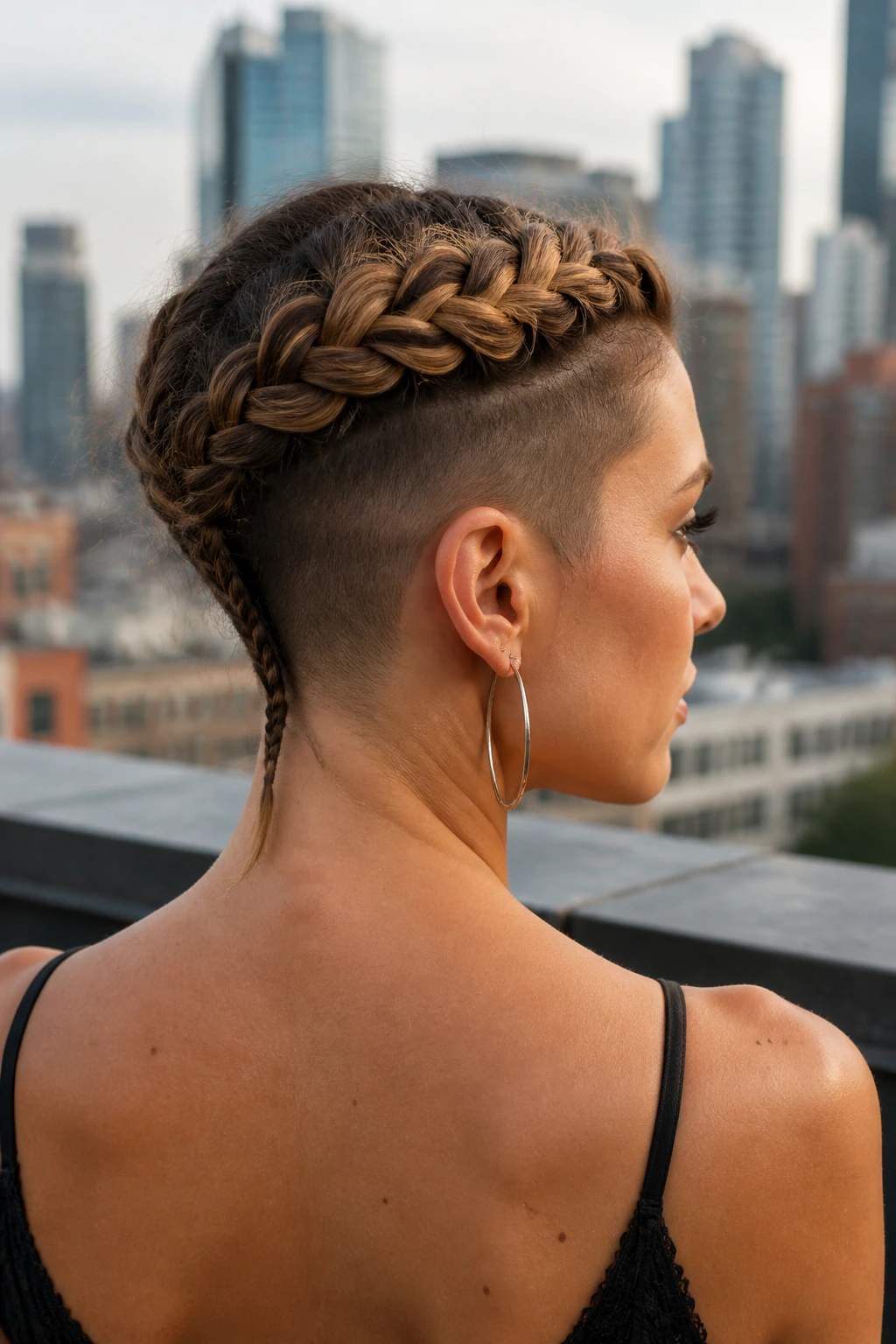 Close-up of a woman with an undercut crown braid and a small reverse braid at the nape in an urban setting