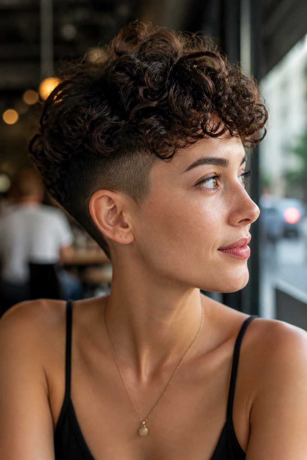 Close-up of a real person with an undercut curl bob and a sharp edge