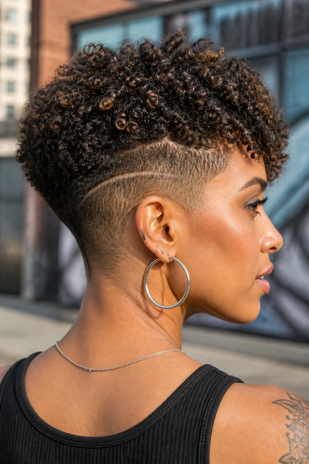 Close-up of a real person with an undercut and voluminous curls on top