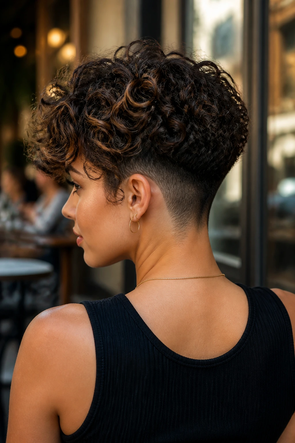 Portrait of a real person with curly undercut stack visible at nape