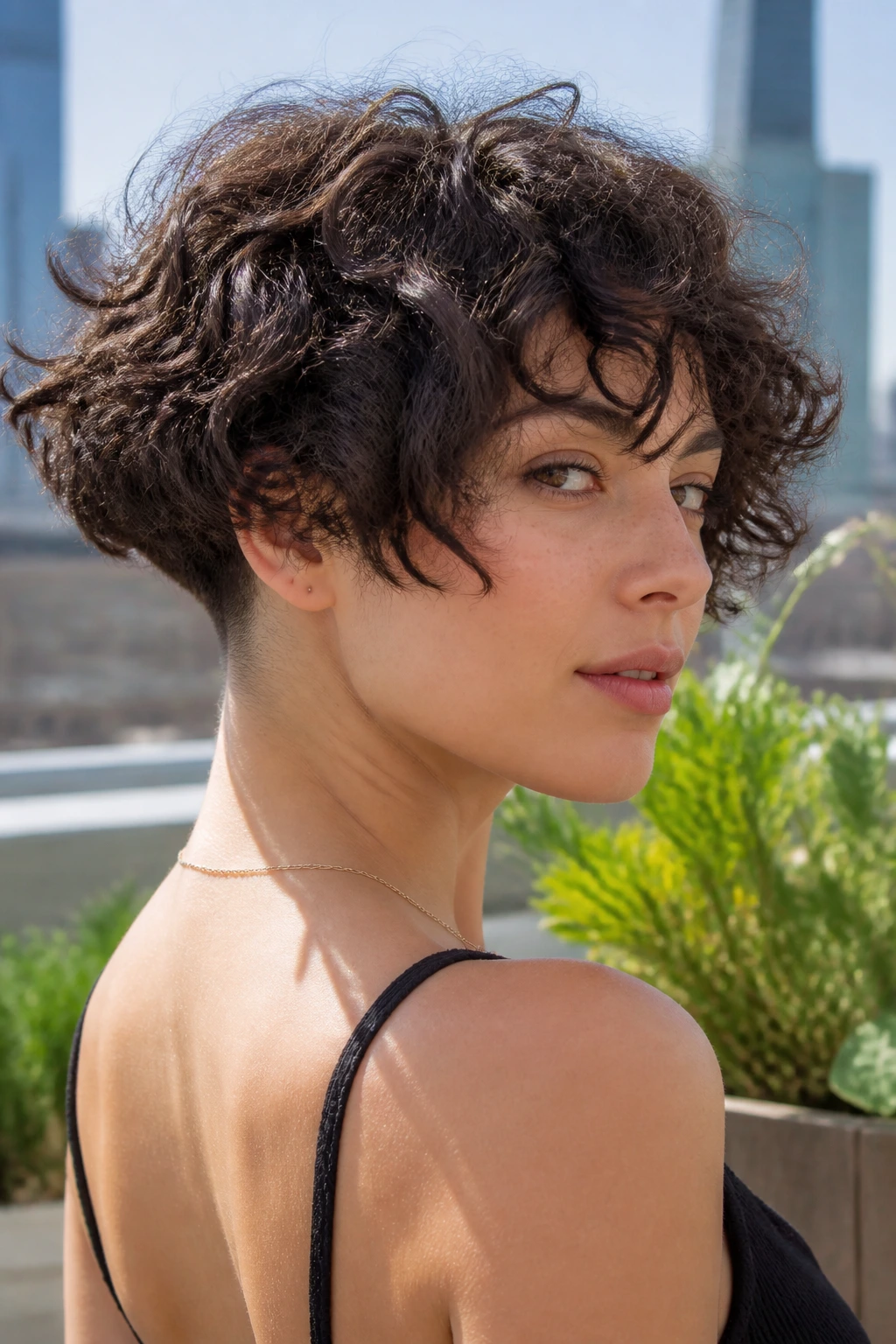 Three-quarter portrait of a real woman with an undercut curly bob at the nape.