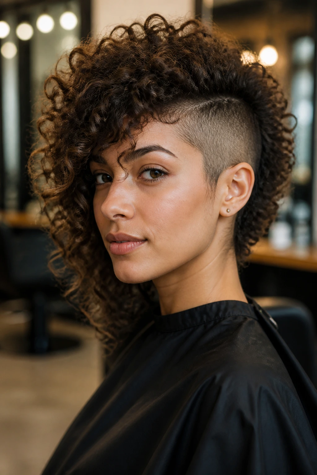 Close-up portrait of a real person with an undercut: shaved sides and long curly top