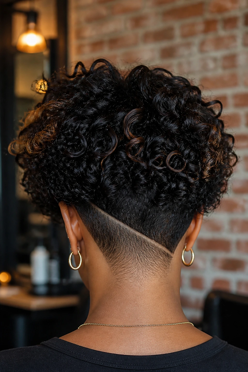 Back view of a real woman with a curly stacked bob and an undercut at the nape.
