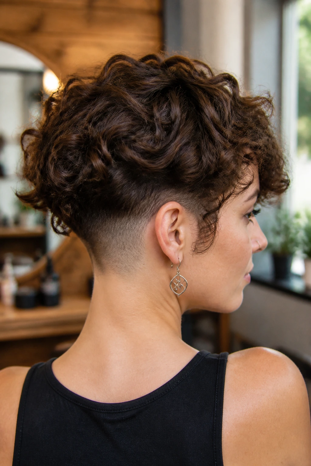 Close-up of a woman with a shaved nape undercut visible under long hair in a warm salon