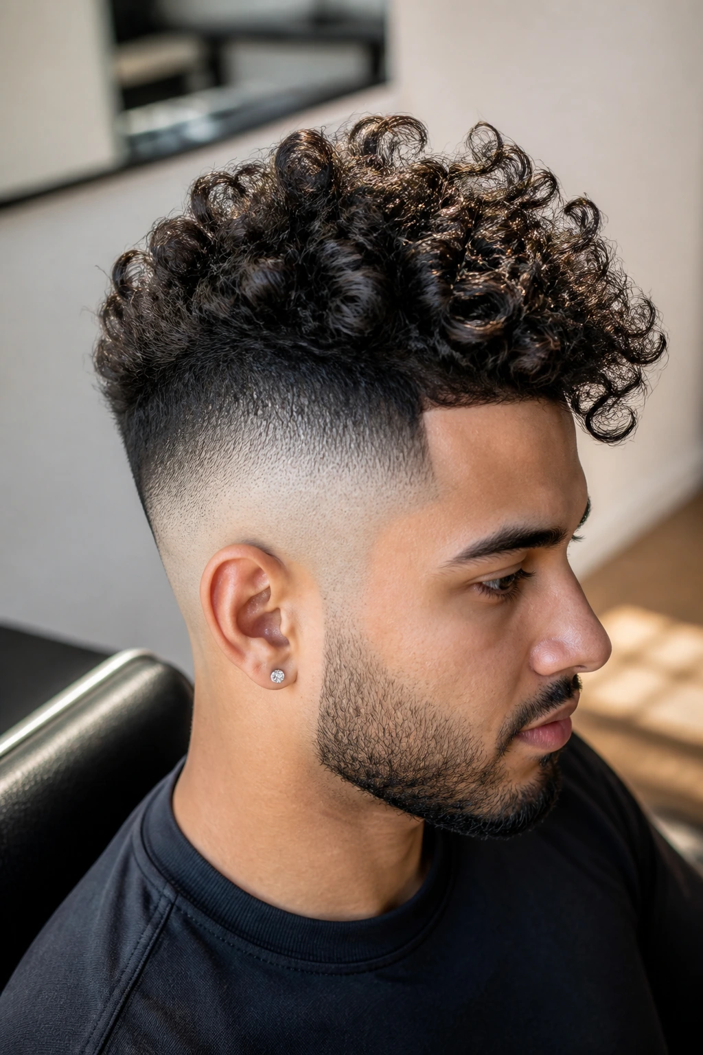 Close-up portrait of a real man with an undercut fade and defined coils on top in a sunlit salon.