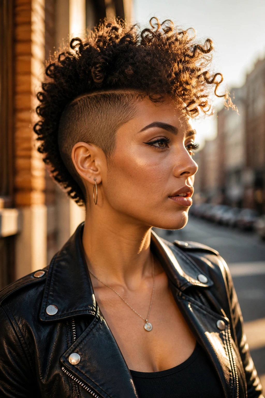 Portrait of a real person with an undercut faux-hawk and curly top.