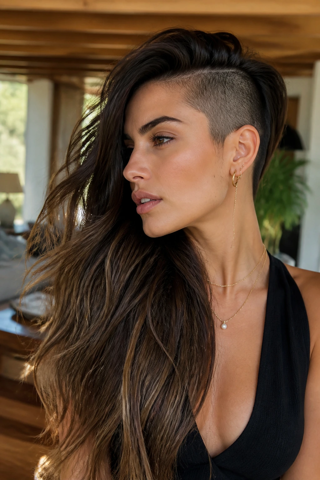 Medium close-up of a woman showing long layered hair flipped over a shaved undercut on one side.