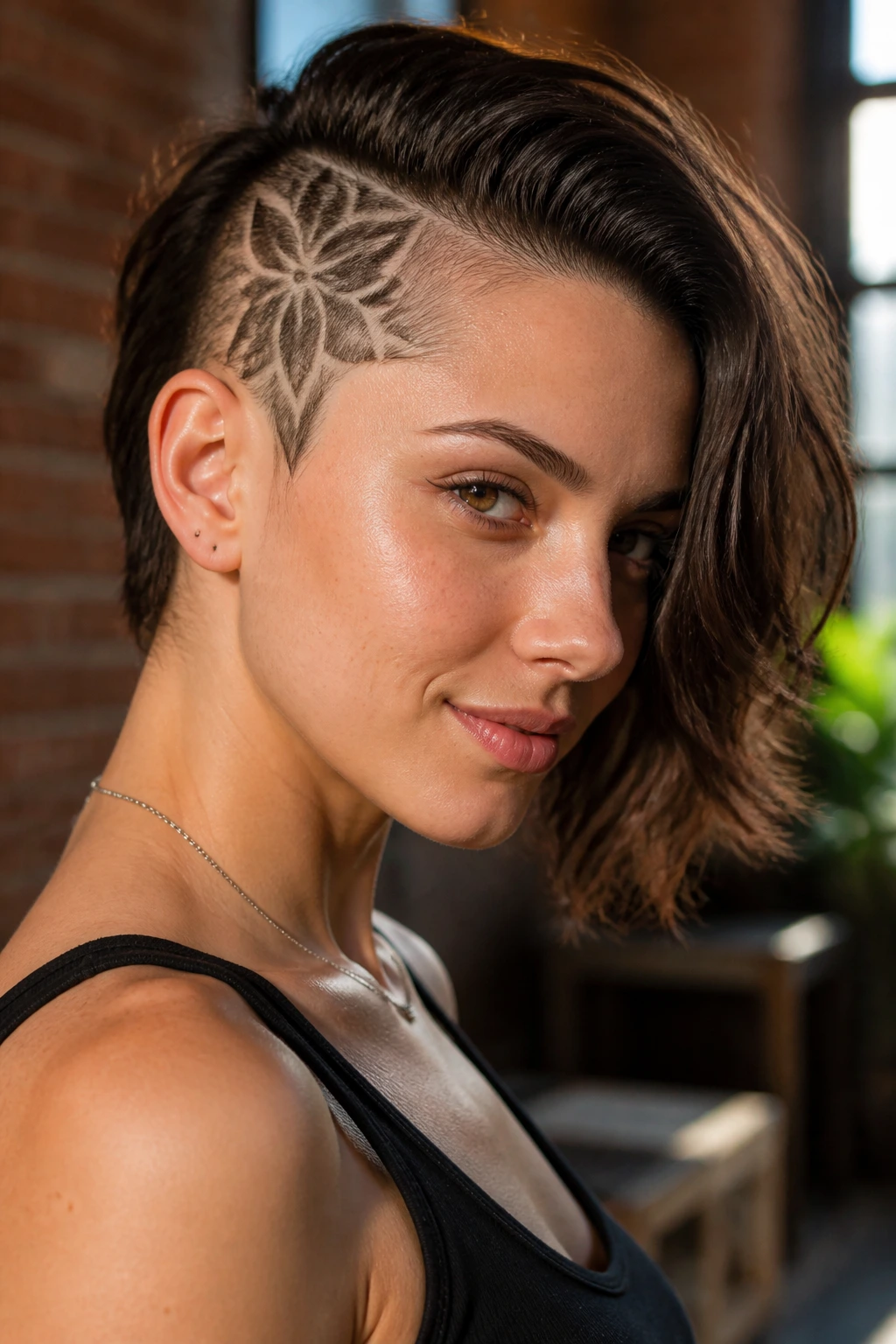 Close-up of a woman with floral-etched undercut on the shaved side