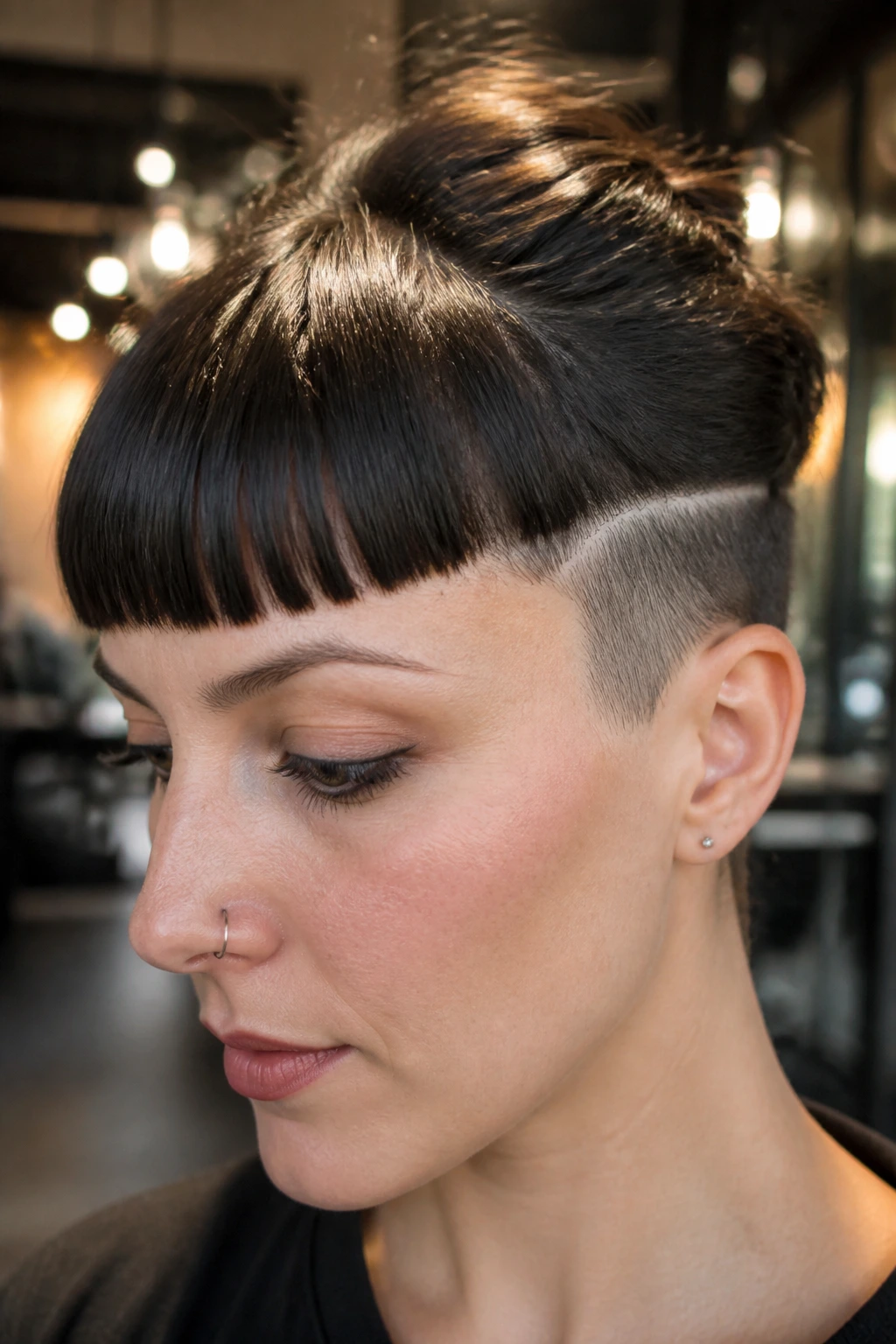Portrait of a woman with an under-cut fringe showing short under-layer beneath longer fringe