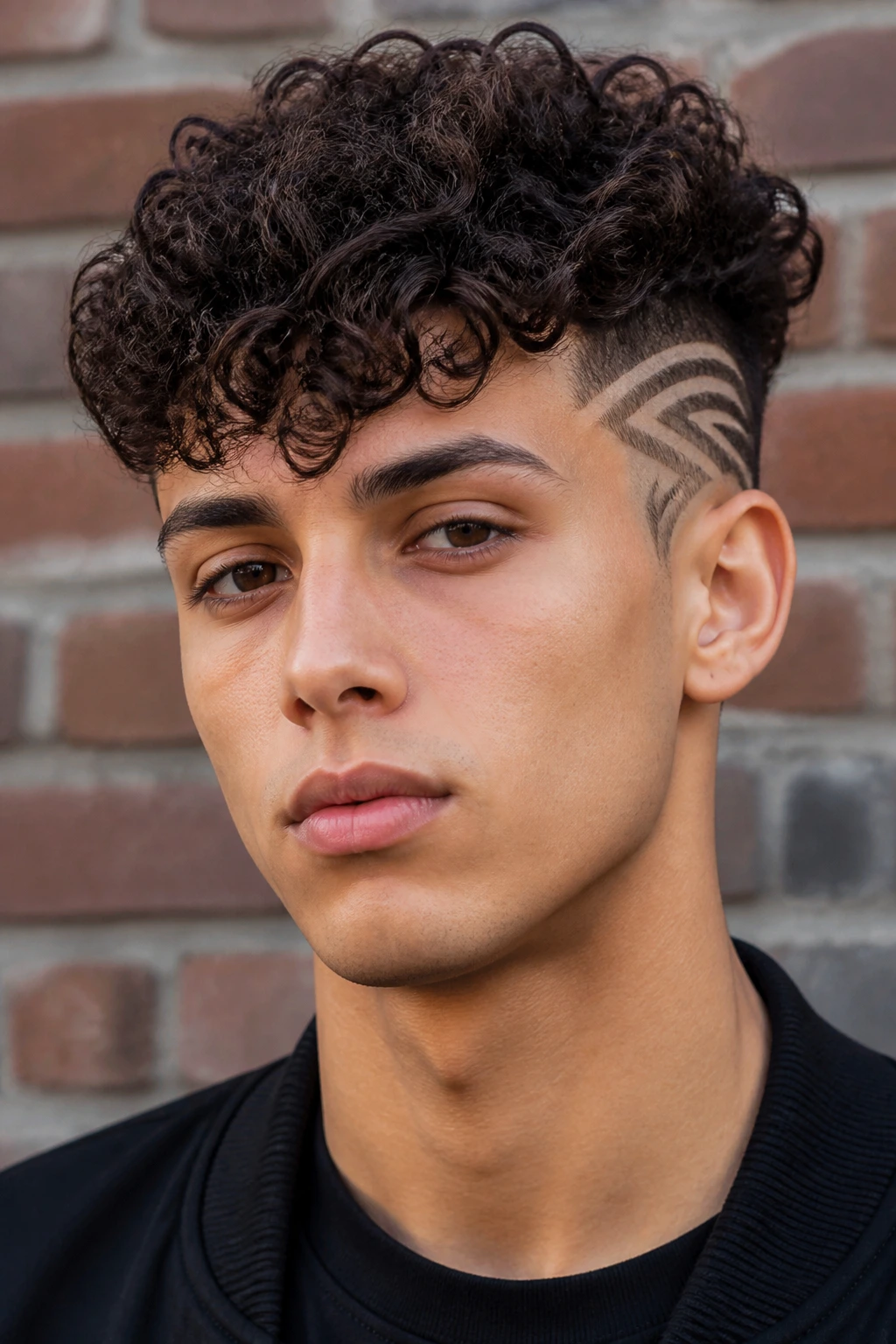 Close-up of a real person with shaved geometric undercut and long curly top, urban backdrop.