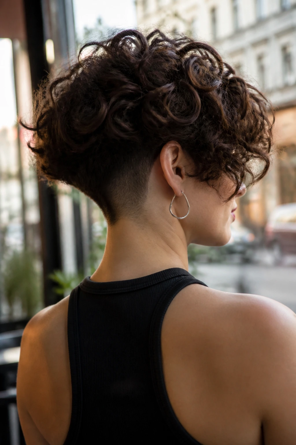 Back-three-quarter portrait of a woman with an undercut inverted bob.