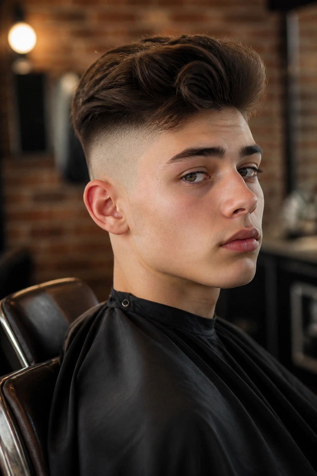 Teen with undercut and long top in barbershop setting
