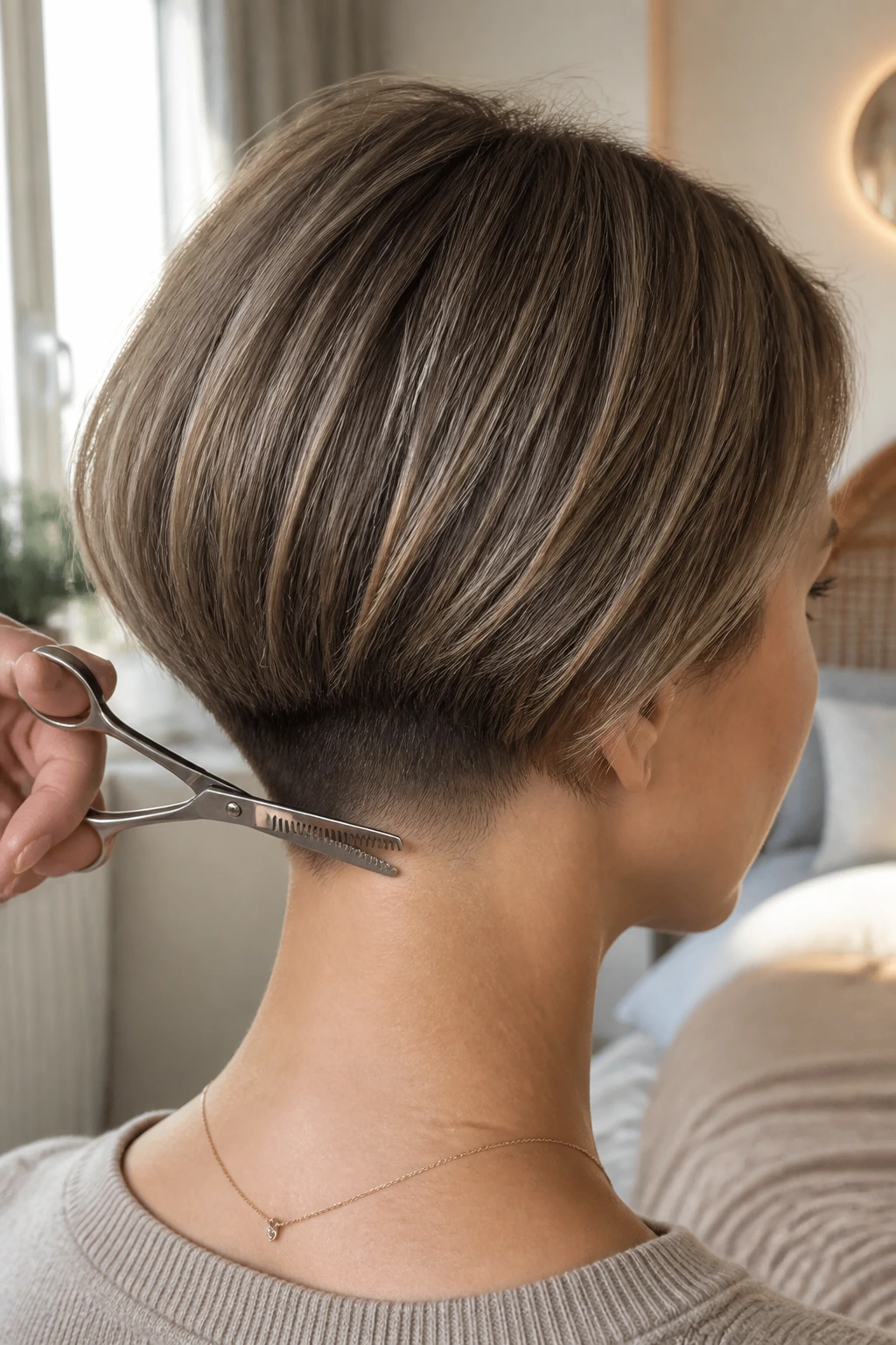 Back-of-head close-up of a real person showing a tapered undercut bob