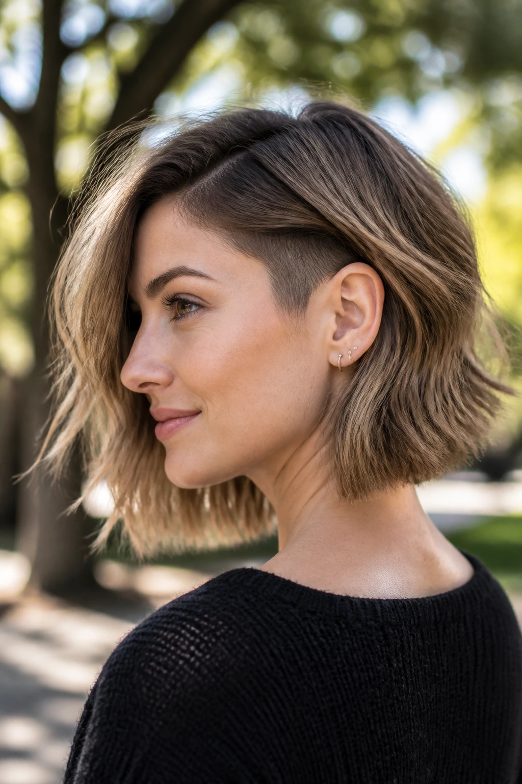 Three-quarter profile of a real woman with choppy undercut lob
