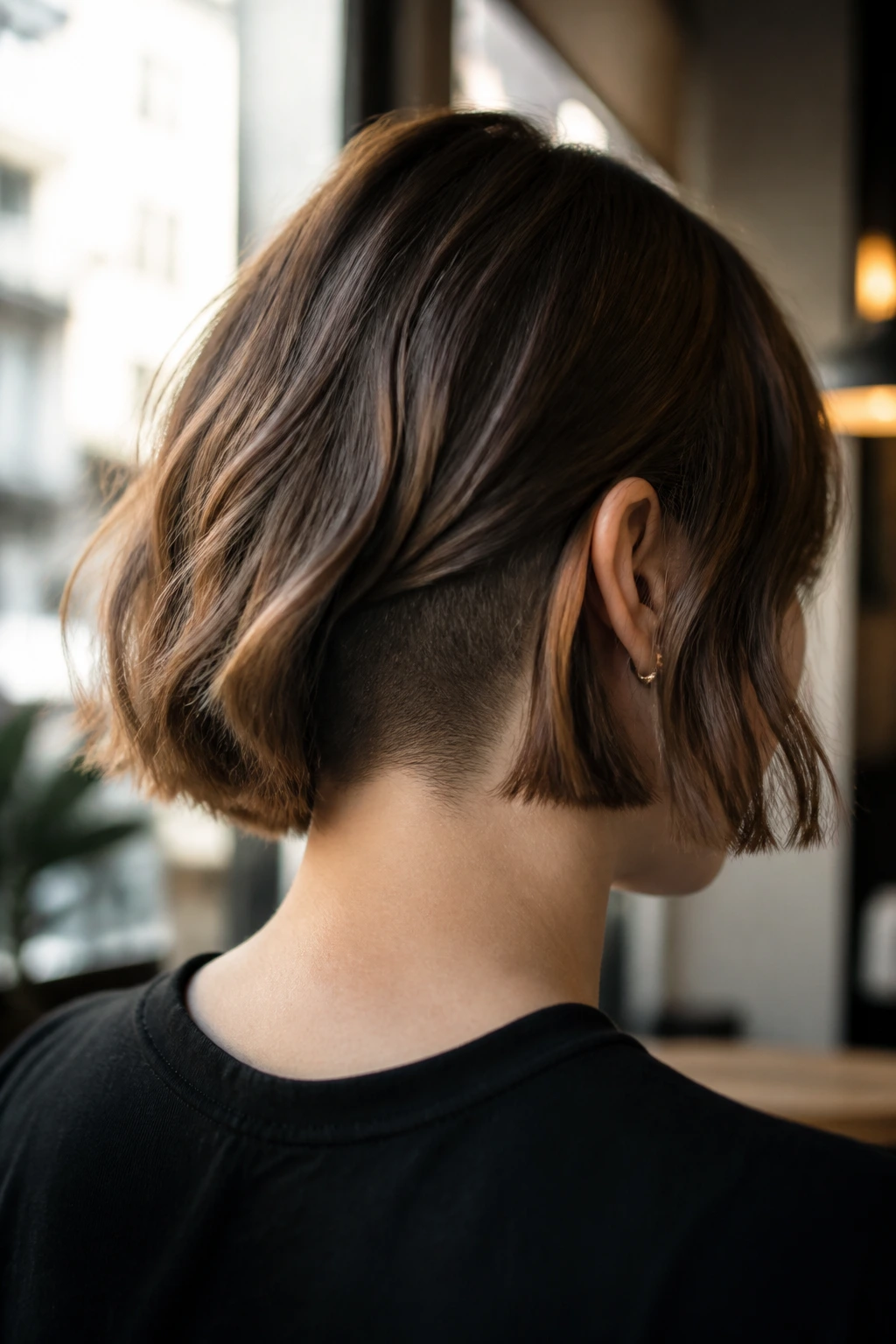 Portrait of a woman with a soft undercut lob showing a nape patch