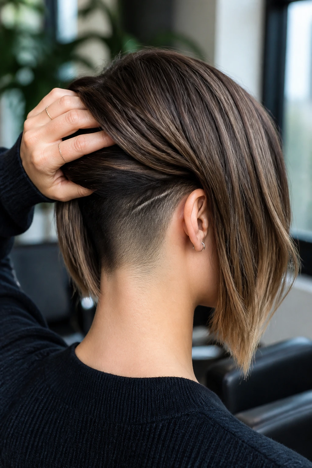 Close-up of a real woman with an undercut lob and internal layers in a salon setting