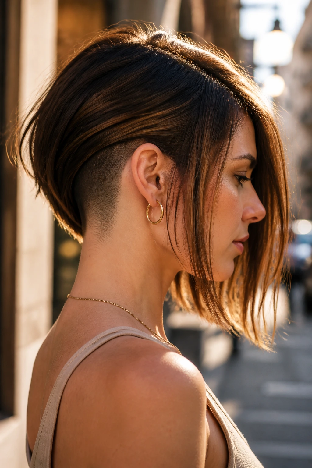 Side-profile portrait of a real woman with undercut at the nape