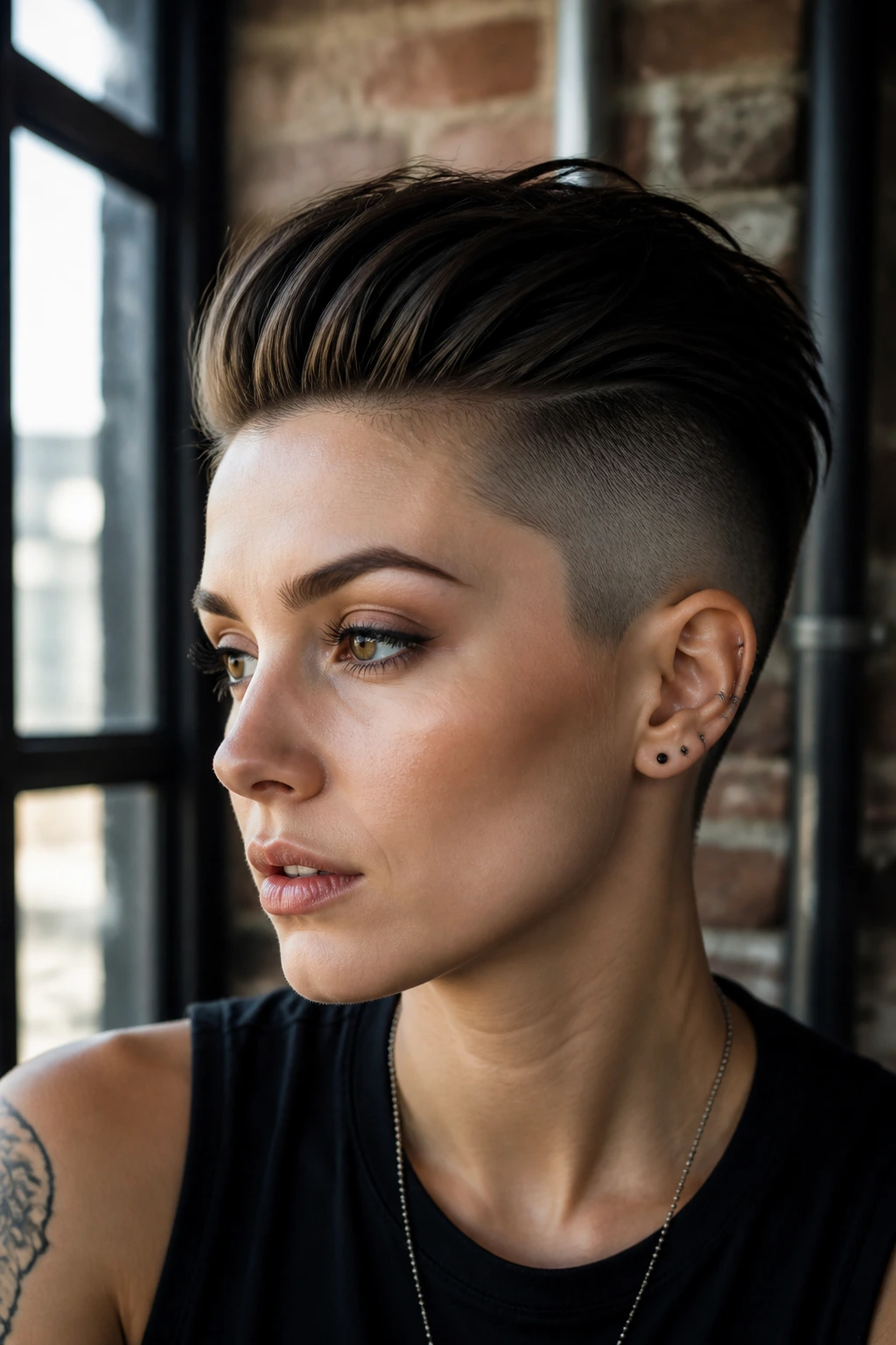 Portrait of a real woman with an undercut and long top swept back.