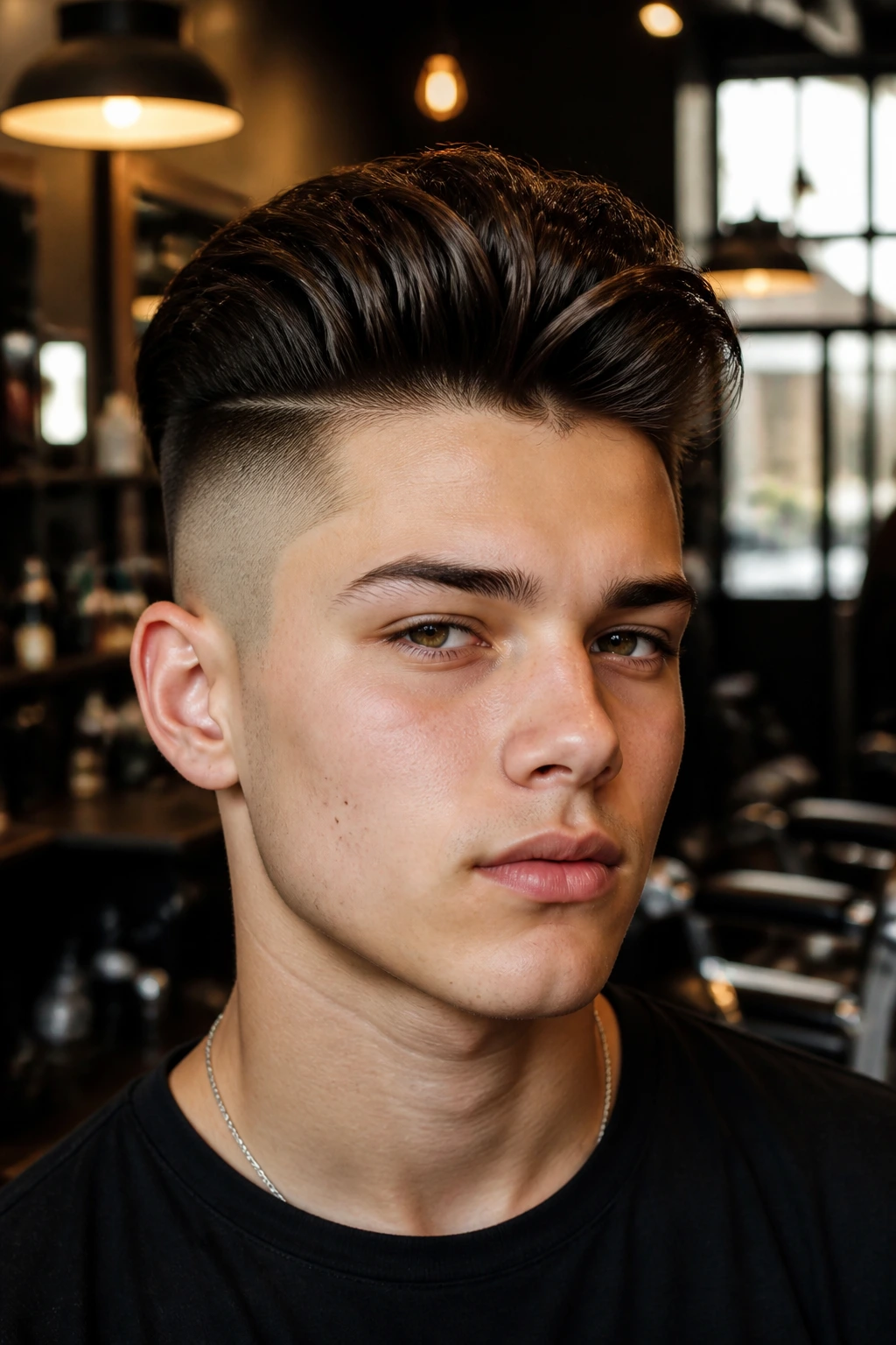 Close-up portrait of teen with undercut and long top in barbershop setting