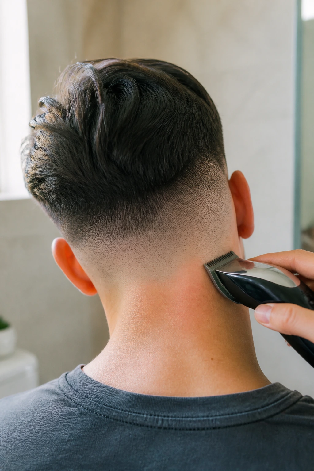 Close-up of the back of a real person's head during at-home undercut maintenance, clippers at the neckline.
