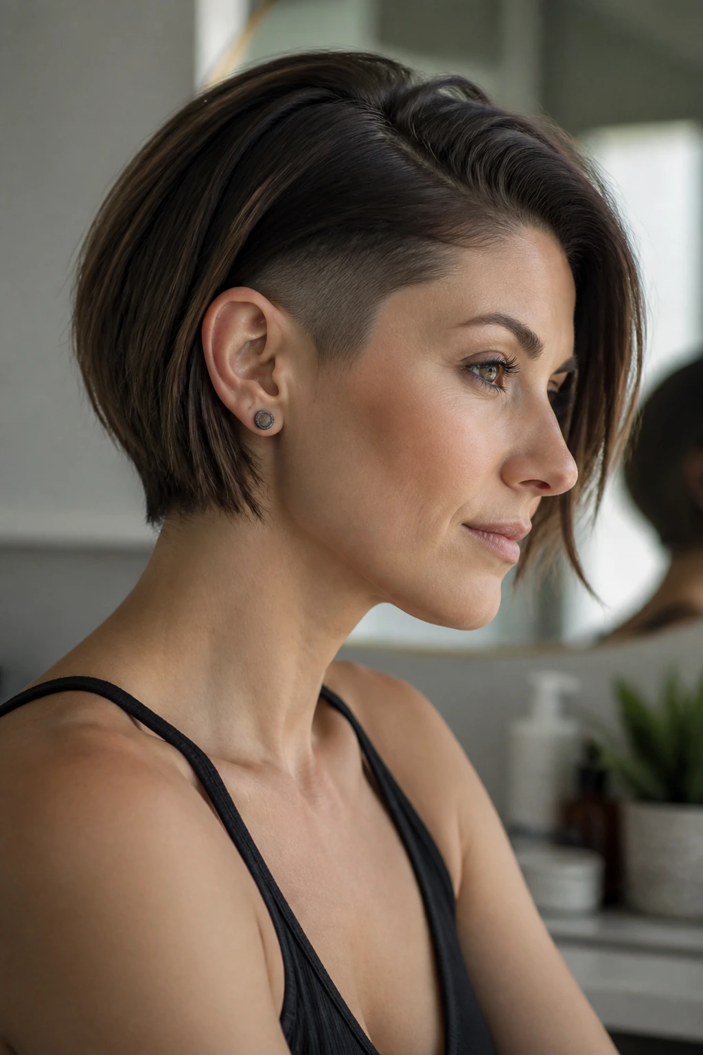 Close-up of real person with undercut in a home vanity setting