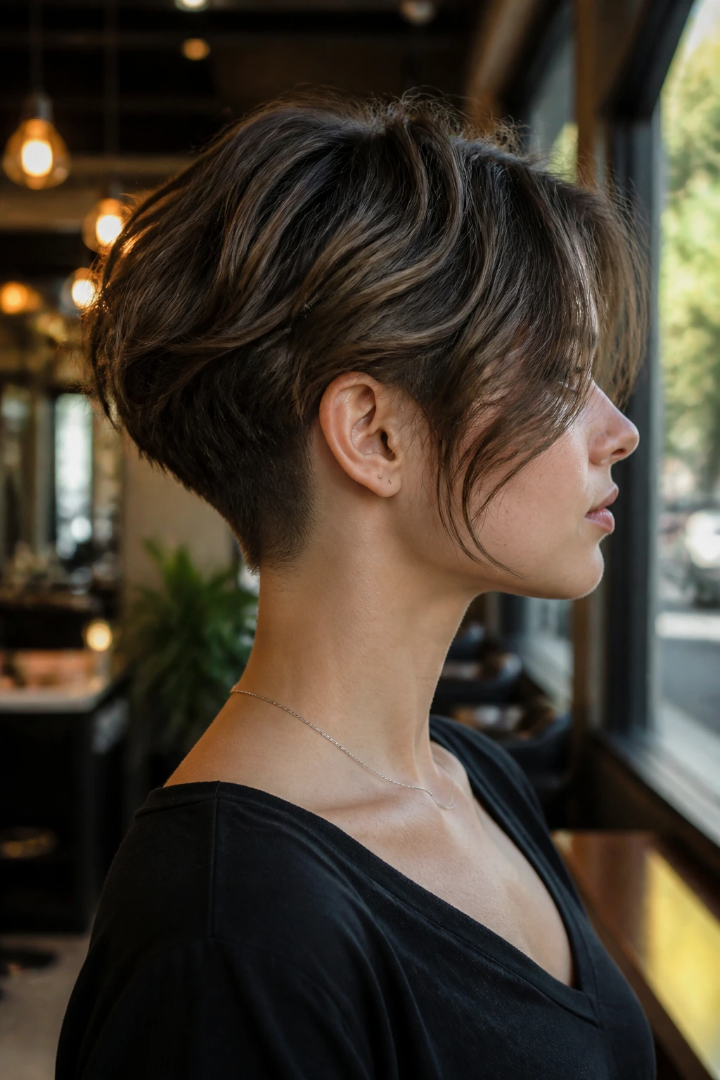 Side-profile portrait of a real person with an undercut messy bob at the nape.