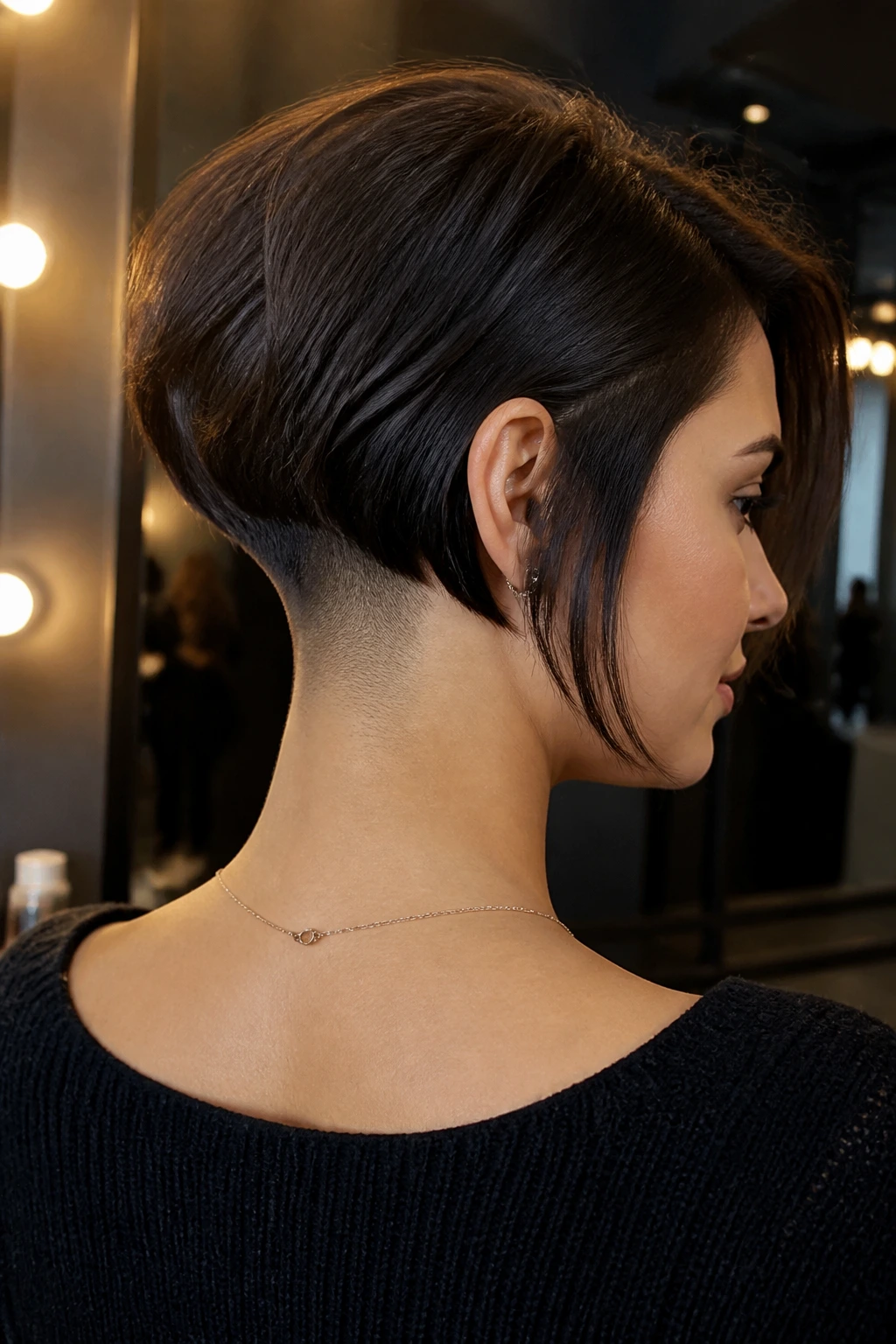 Portrait showing a real woman with nape undercut visible at the neck.