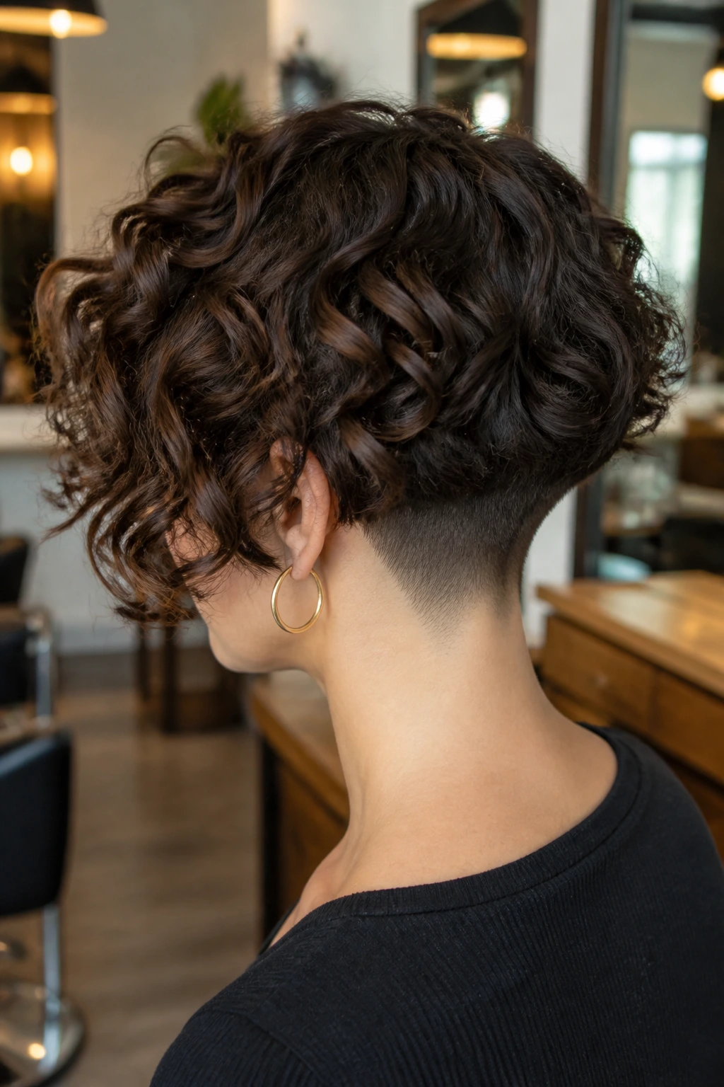 Rear-three-quarter portrait of a real person showing undercut nape inverted bob.