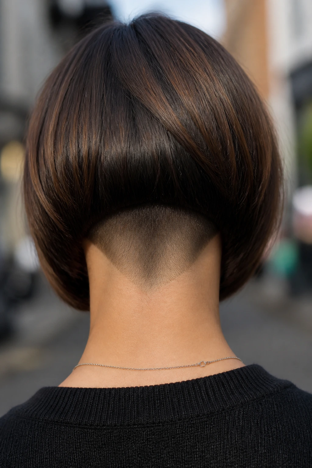 Back view of real woman with shaved nape undercut showing crisp contrast with longer top.