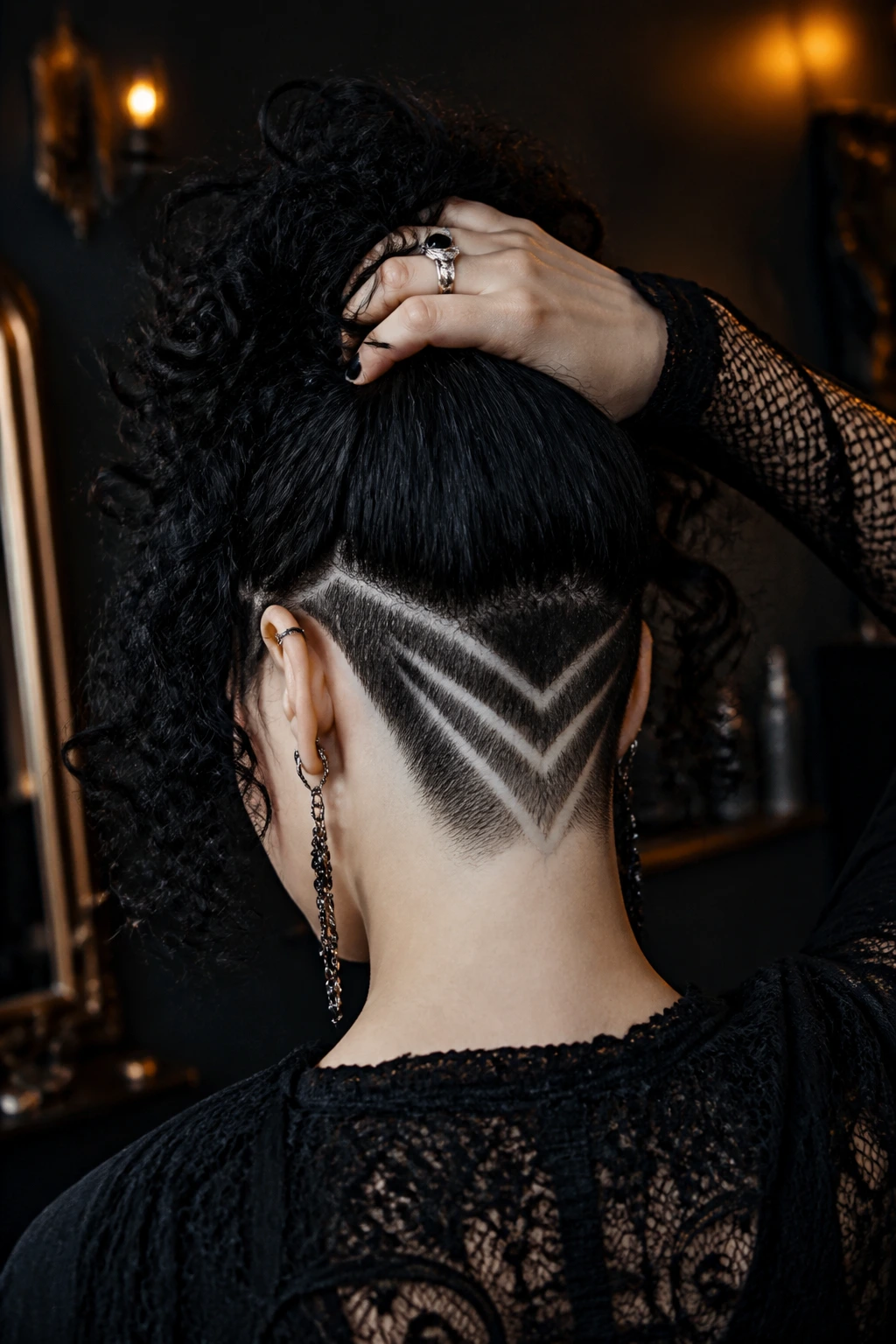 Profile view of a real person showing a shaved nape undercut revealed by a top knot