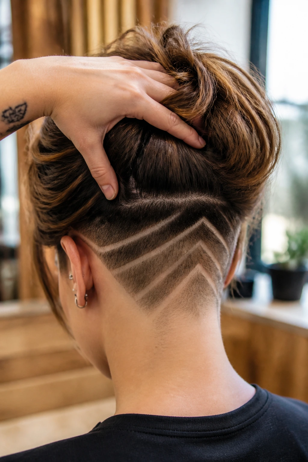 Close-up of real person with nape undercut pattern in stacked bob