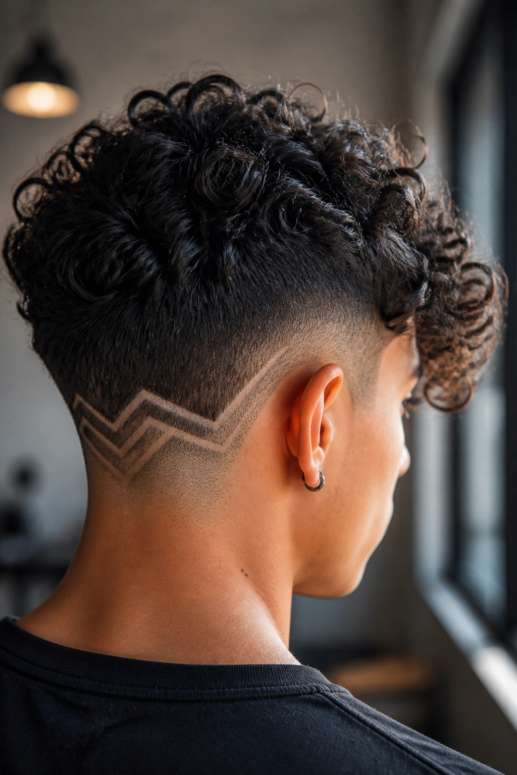 Close-up of a real person with an undercut and geometric shaved lines.