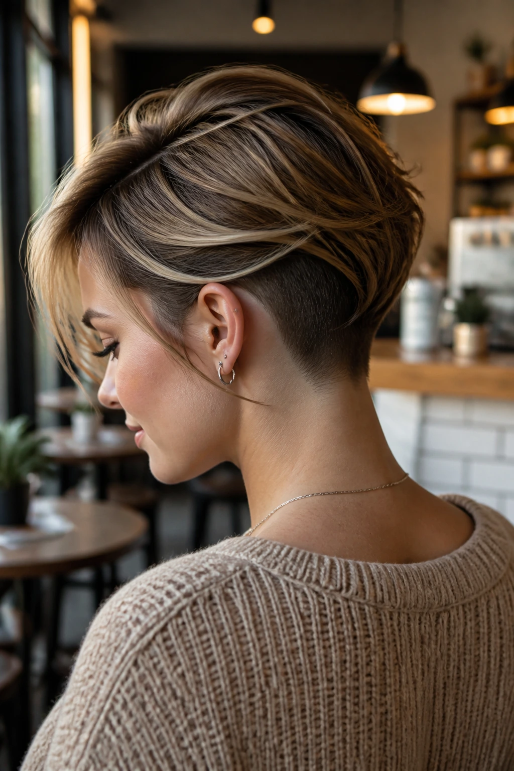 Close-up portrait of a real person with a hidden undercut peeking from layered hair.