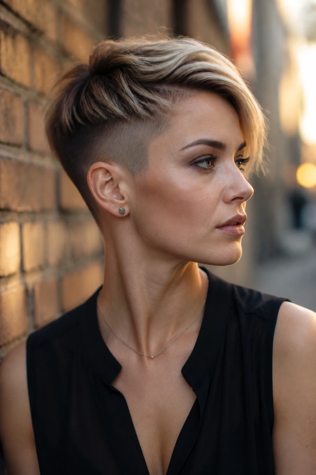 Real woman with disconnected undercut pixie hairstyle.