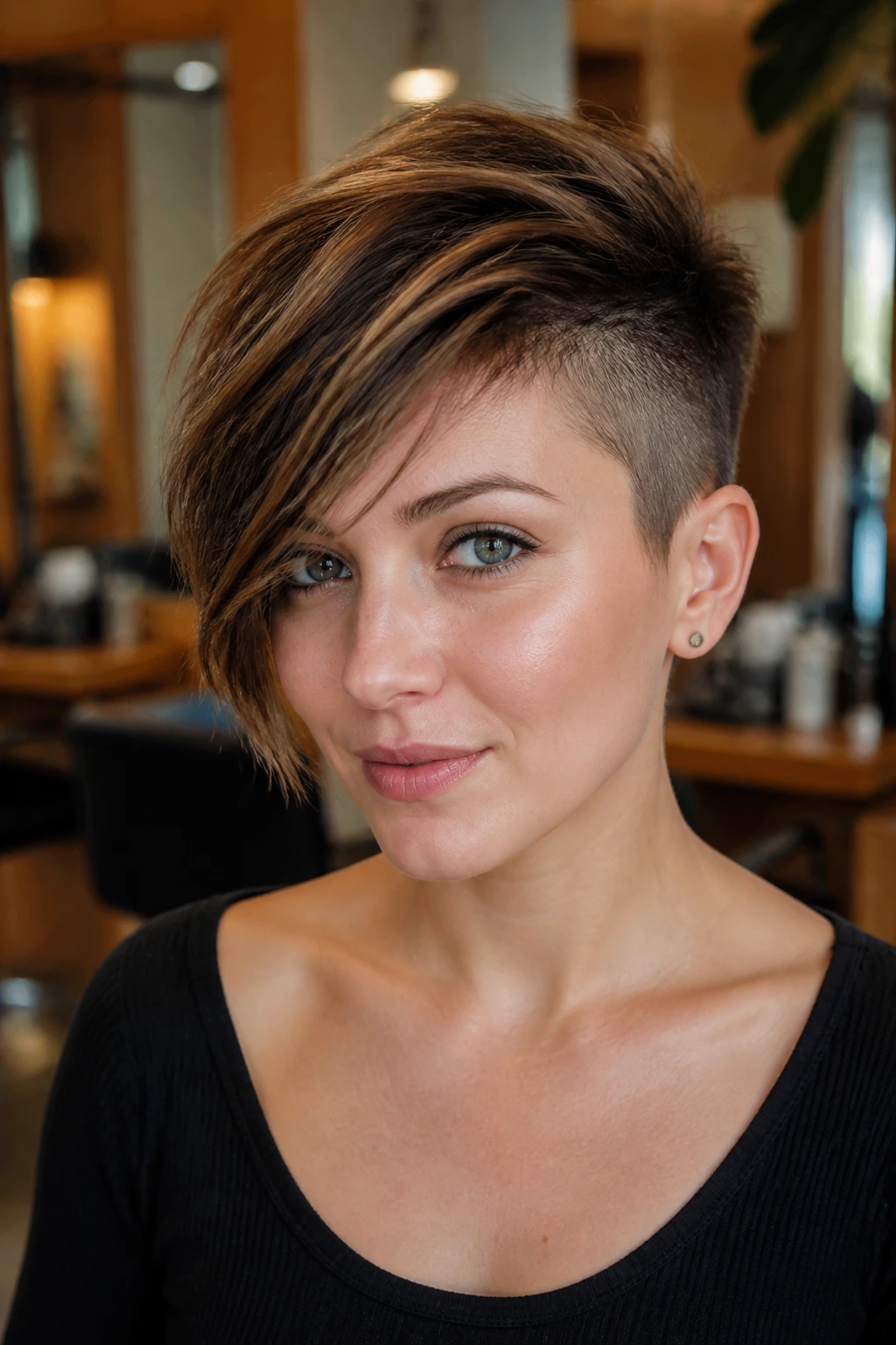 Close-up portrait of a woman with an under-cut pixie and dramatic side bangs in a warm salon