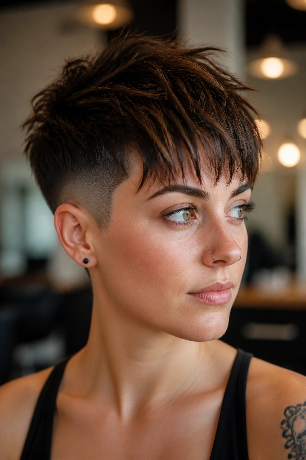 Real person with an undercut pixie and a light choppy fringe