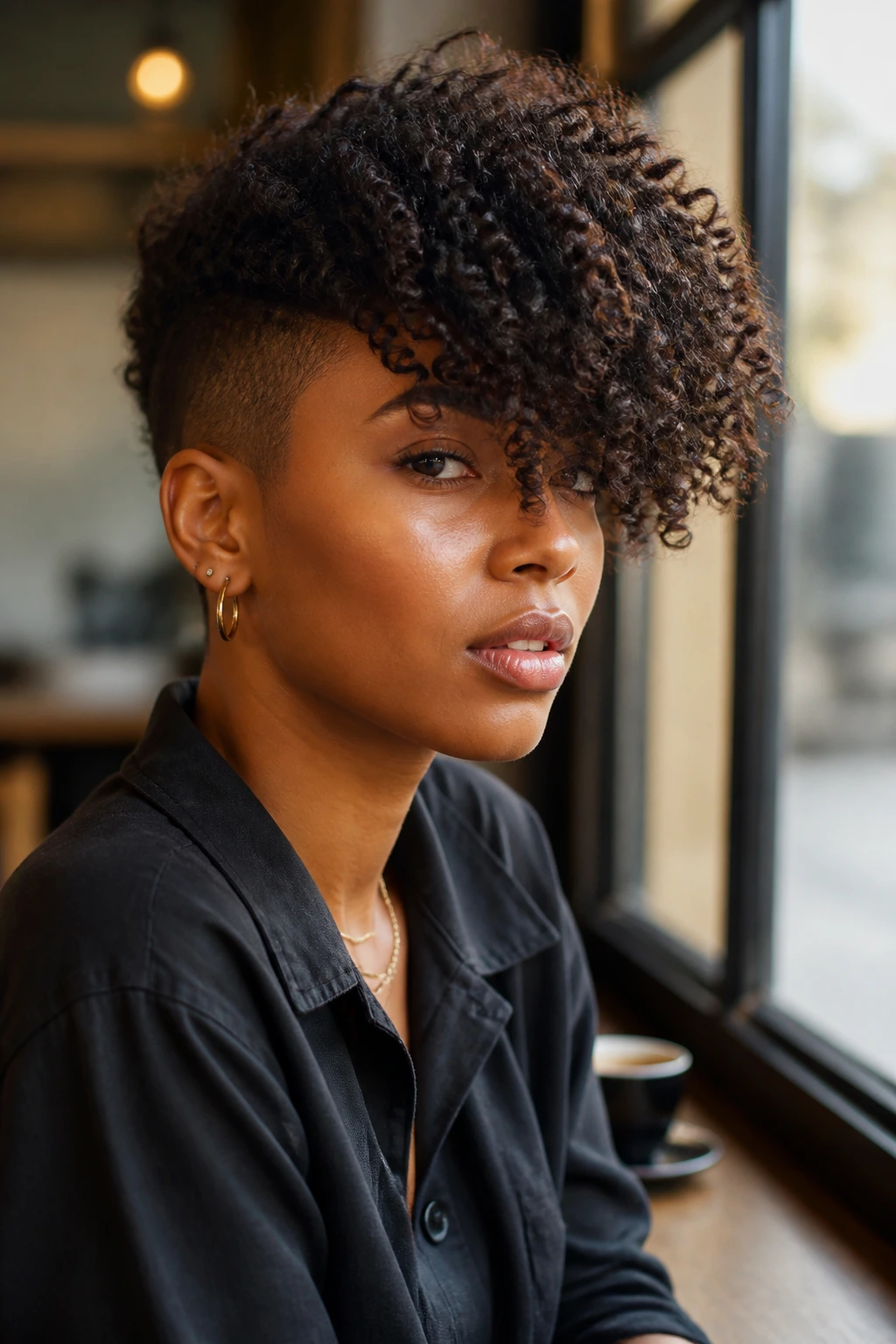 Portrait of a person with an undercut pixie and a coily fringe over the eyes