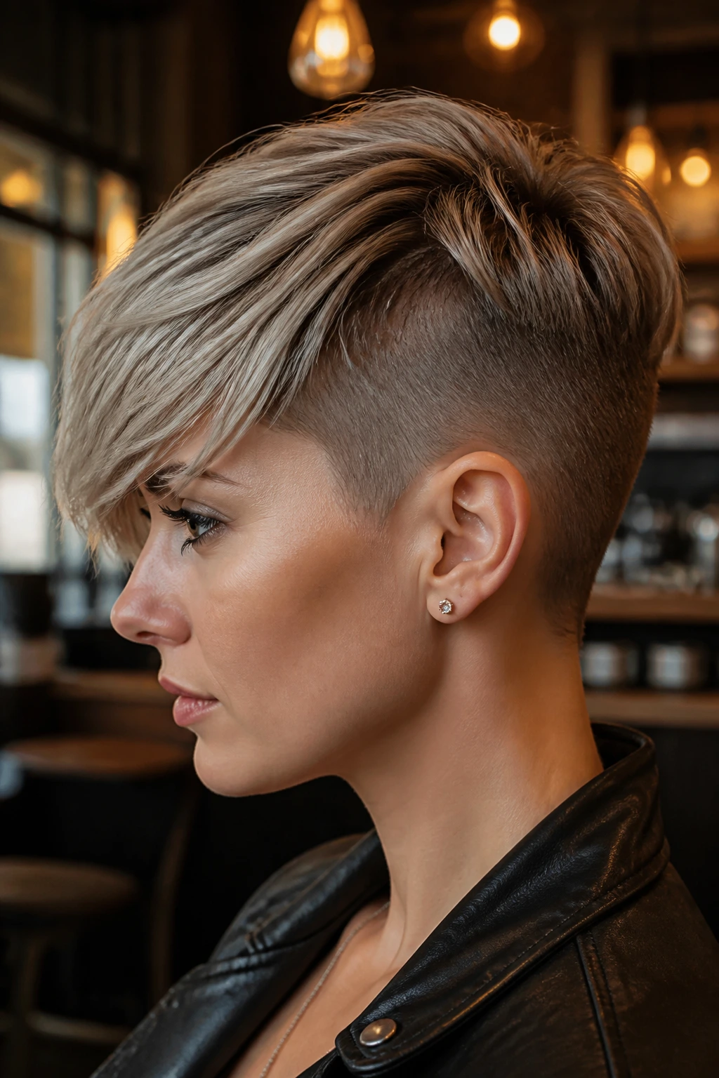 Side-profile portrait of a woman with undercut pixie and long fringe