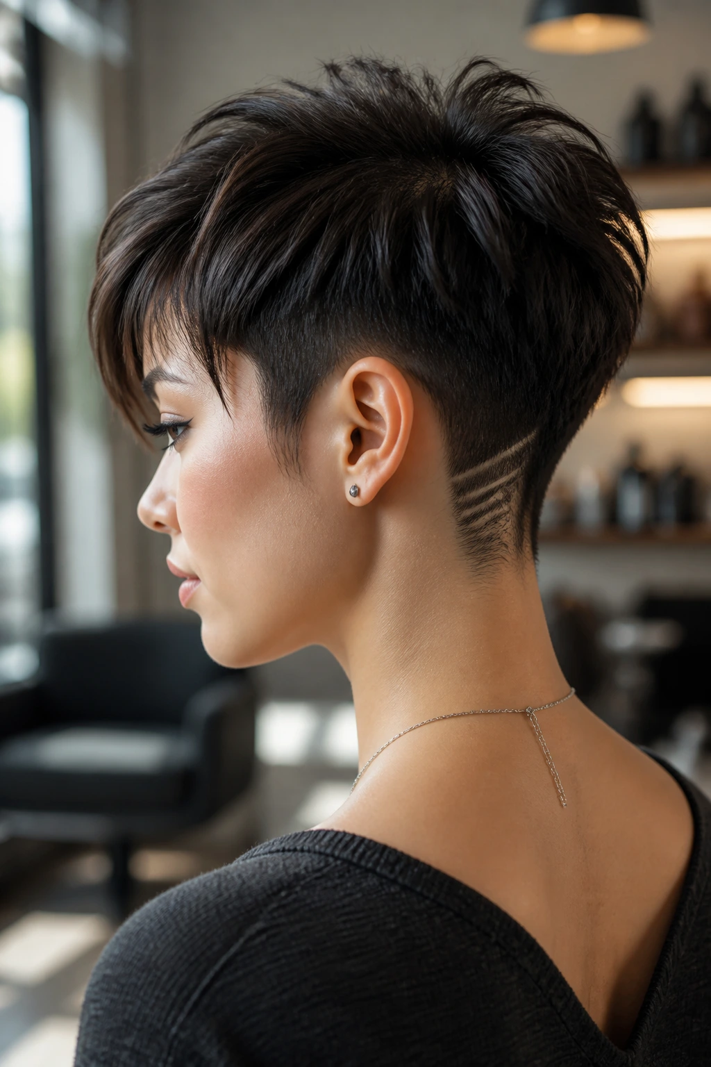 Close-up of a real woman with a geometric nape undercut in a pixie hairstyle in a salon setting