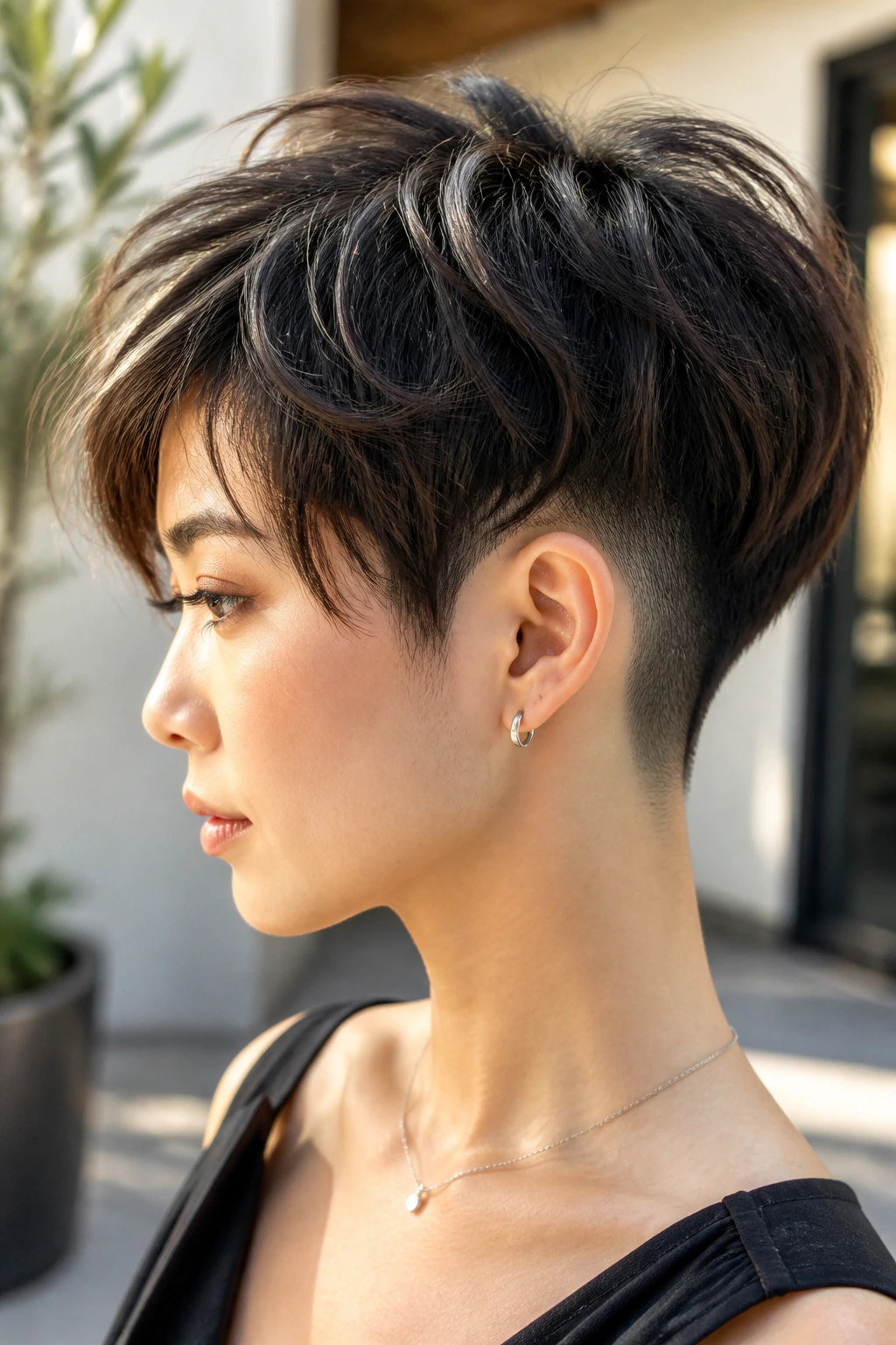 Close-up of a real person showing shaved undercut with soft top layers